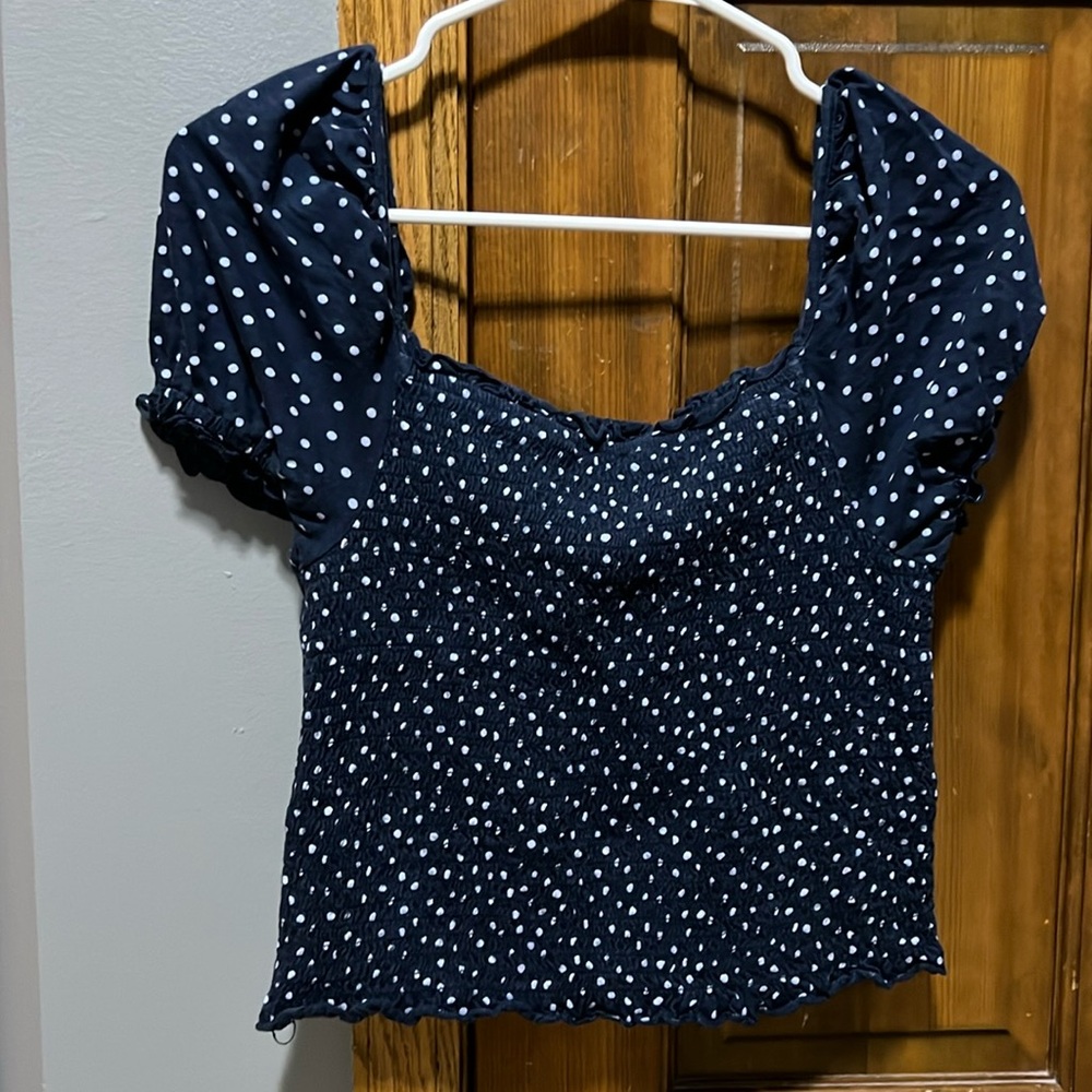 *Navy Dotted Smocked Top